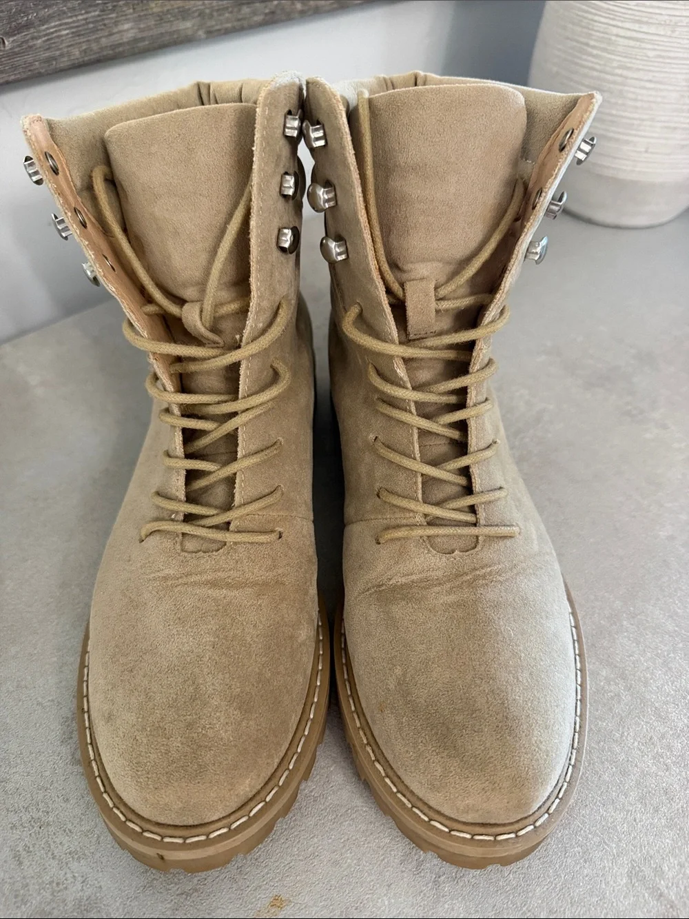 Classic Suede Lace-Up Ankle Boots in Beige